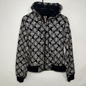 Y2K VTG Akademiks Full Zip Hoodie Jacket Womens Size Large Black Gold AOP EUC